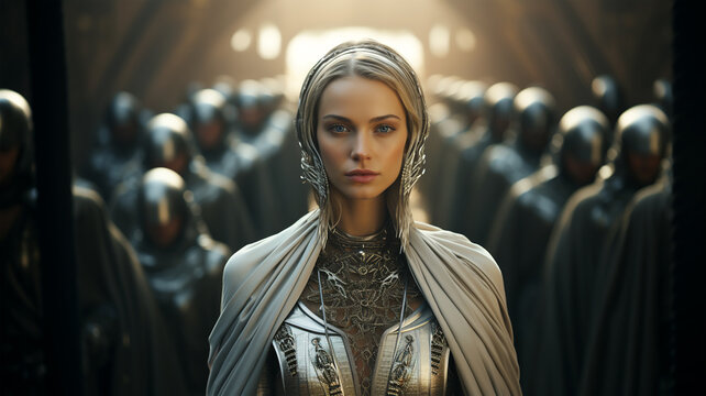 Woman warrior, army leader, empress and princess, fairy tale hero, concept of feminism