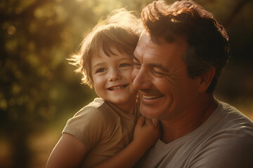 Fototapeta premium Father's Day photo featuring a happy father and child with warm, bright lighting and a loving color palette. Generative ai.