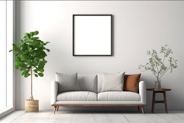 3d rendering of a living room with a couch and a blank white board on the wall Genarative AI.