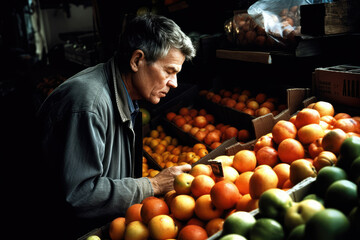 In a local grocery store, a man carefully inspects and selects a variety of fresh, colorful fruits, considering their quality and nutritional value. Generative AI, AI.