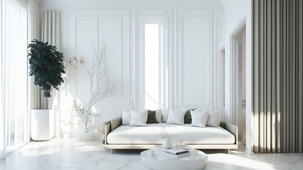 Minimalistic luxurious decoration. Interior design example with natural light, clean colors and lines