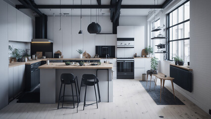 Modern nordic kitchen in loft apartment