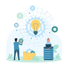 Business project development and improvement vector illustration. Cartoon tiny people put gear in digital circuit with light bulb inside, improve office workflow and change strategy for success