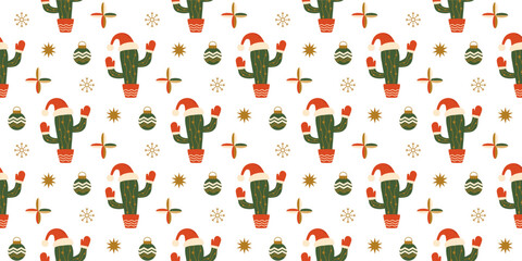 Christmas cactus seamless pattern with cacti in Santa hat, stars ball on white background. Tropical Christmas vector design