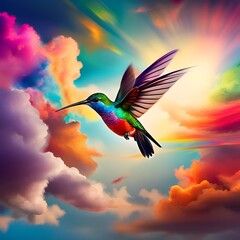 Flying hummingbird in rainbow colors against a colorful glowing sky with sun rays. Made with Generative AI