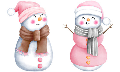 Set of watercolor christmas illustration with cute snowman in colorful santa hat and scarf.