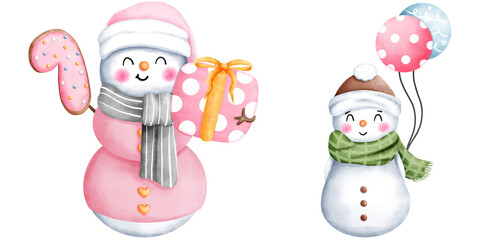 Set of watercolor cute christmas snowman with christmas ornaments illustration. Cute winter snowman collection.