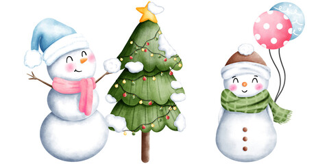 Set of watercolor cute christmas snowman with christmas tree and balloons illustration.Cute winter snowman collection.