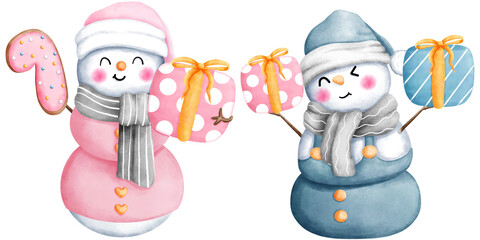 Set of watercolor pink and blue christmas snowman with christmas ornaments illustration. Cute winter snowman collection.