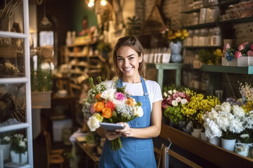 Fototapeta premium A happy woman dressed in an apron smiles at the camera against the backdrop of a flower shop, symbolizing the concept of women in business. Generative Ai, Ai.