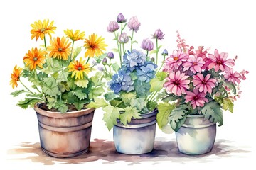 Naklejka na ściany i meble illustration of flowers in pots drawn with watercolors or paints in bright colors on a white background