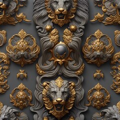 Magnificent royal golden natural ornaments with heads of lions on a gray background. Noble and antique. Made with Generative AI