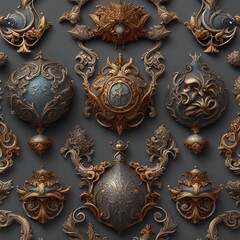 Magnificent royal predominantly golden round and natural ornaments, like floral patterns on a gray background with some blue accents. Noble and antique. Made with Generative AI