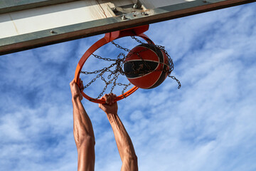 Anonymous basketball player throwing ball into basket