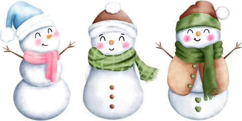 Set of three cute watercolor christmas snowman illustrations with santa hats and scarves.