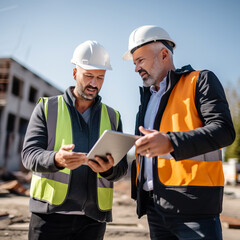 Team or group of construction workers, engineers or architects wearing hard hats and reflective vests at a construction site looking at a pad with plans for the project. Shallow field of view