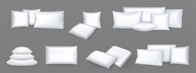 3d white cushion isolated realistic vector mockup. Square sofa shape feather pillow to sleep illustration. Cozy inflatable pillowcase mock up template icon set. Rectangle fabric interior product stack