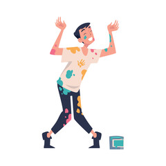Happy Man Character in Color Paints with Stains on Clothes Having Fun Vector Illustration