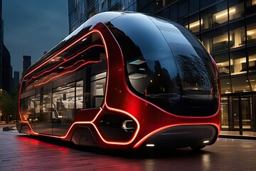 electric red buses of the future - obrazy, fototapety, plakaty