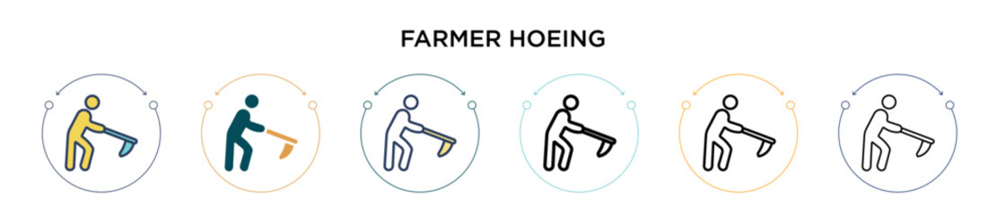 Farmer hoeing icon in filled, thin line, outline and stroke style. Vector illustration of two colored and black farmer hoeing vector icons designs can be used for mobile, ui, web - obrazy, fototapety, plakaty