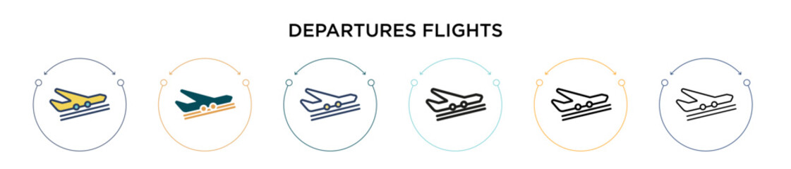 Departures flights icon in filled, thin line, outline and stroke style. Vector illustration of two colored and black departures flights vector icons designs can be used for mobile, ui, web
