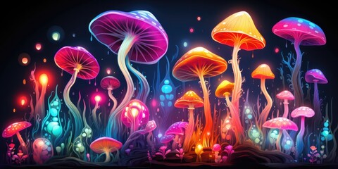 Fantasy flowers, trees, and mushrooms from alien world or planet.