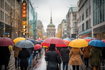 Lots of people with umbrellas and waterproof clothing. Street view on a rainy autumn day.