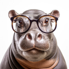hippopotamus wearing glasses on white background