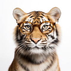 Obraz premium tiger wearing glasses on white background