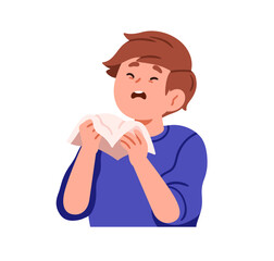 Kid sneezing. Ill sick child with handkerchief, nose tissue. Unhealthy boy toddler with allergy, flu, cold, virus. Influenza illness symptom. Flat vector illustration isolated on white background