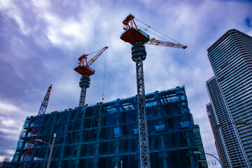 Cranes at the under construction in Tokyo