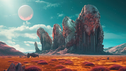 Fantastic art wallpaper. Alien landscape. Sci-fi illustration. Strange rock formations. Alien sky. Fantasy scene.