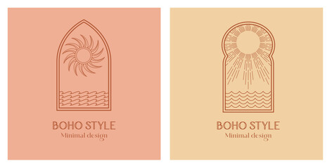 Linear emblems with abstract mountain landscapes in boho style. Travel logos with mountains or desert dunes. Aurora lights, moon and stars. Modern bohemian icons or symbols, oriental outline branding