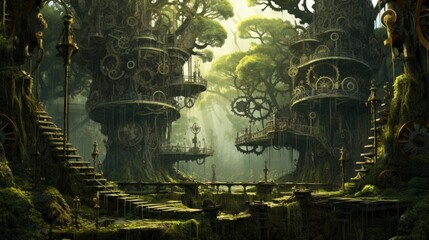 Clockwork Jungle. A dense forest where the trees are made of gears and cogs, and mechanical animals roam. Generative AI