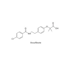 Bezafibrate  flat skeletal molecular structure Fibrate drug used in hyperlipidemia treatment. Vector illustration.