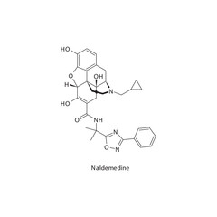 Naldemedine  flat skeletal molecular structure Opioid antagonist drug used in Opioid overdose or addiction treatment. Vector illustration.