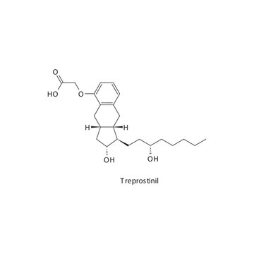 Treprostinil flat skeletal molecular structure Prostacycline analog drug used in pulmonary arterial hypertension, atherosclerosis treatment. Vector illustration.