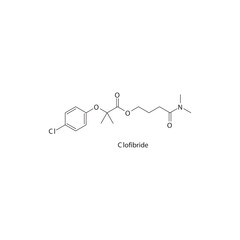 Clofibride flat skeletal molecular structure Fibrate drug used in hyperlipidemia treatment. Vector illustration.