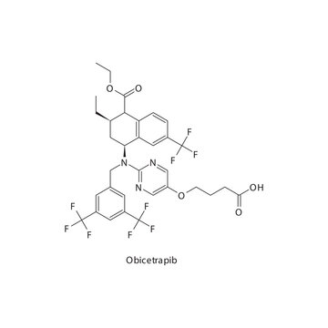 Obicetrapib flat skeletal molecular structure CETP inhibitor drug used in hyperlipidemia treatment. Vector illustration.