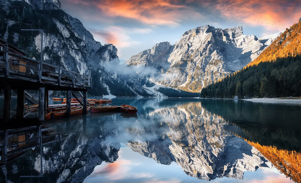Amazing natural landscape at sunset. Stunning morning scene on the Braies Lake, Pragser Wildsee in Dolomites mountains, Italy. Lago di Braies. Iconic location for landscape photographers