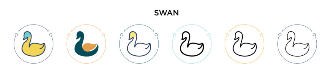 Swan icon in filled, thin line, outline and stroke style. Vector illustration of two colored and black swan vector icons designs can be used for mobile, ui, web