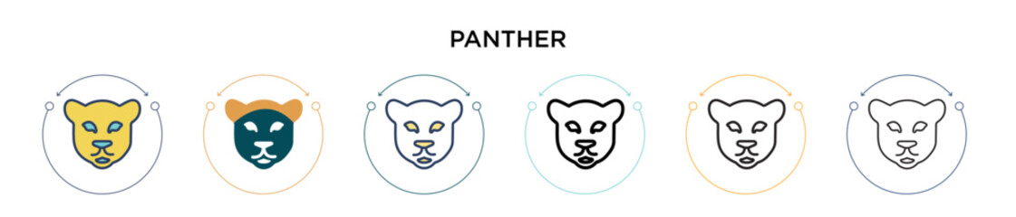 Panther icon in filled, thin line, outline and stroke style. Vector illustration of two colored and black panther vector icons designs can be used for mobile, ui, web
