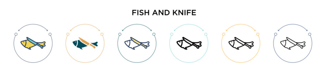 Fish and knife icon in filled, thin line, outline and stroke style. Vector illustration of two colored and black fish and knife vector icons designs can be used for mobile, ui, web