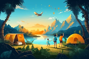 Papier Peint photo Lavable Camping Jungle camping adventure in cartoon