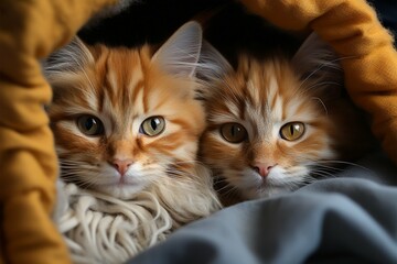 Adorable felines nestle closely, creating cozy unity within blanket stronghold Generative AI