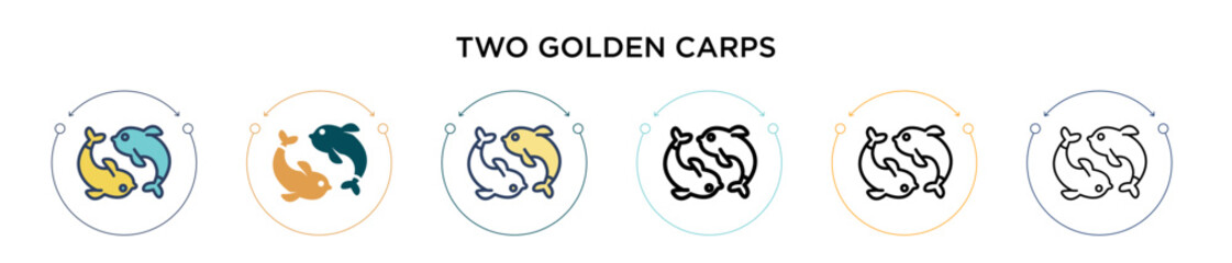 Two golden carps icon in filled, thin line, outline and stroke style. Vector illustration of two colored and black two golden carps vector icons designs can be used for mobile, ui, web