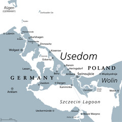 Usedom, Baltic Sea island in Pomerania, gray political map. Nicknamed Sun Island, sunniest and most populous Island of the Baltic Sea, divided between Germany and Poland. Popular tourist destination.