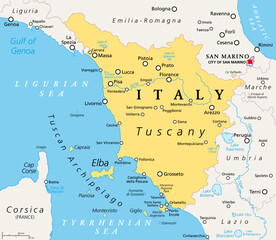 Tuscany, region in central Italy, political map with many popular tourist spots like Florence, Castiglione della Pescaia, Pisa, Lucca, Grosseto and Siena. The Tuscan Archipelago is part of the region.