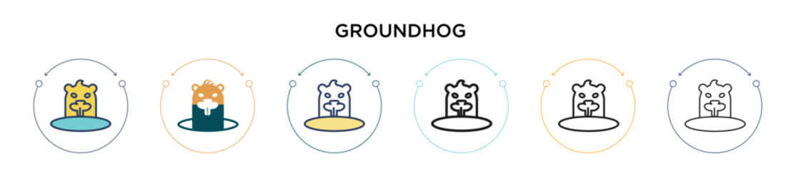 Groundhog icon in filled, thin line, outline and stroke style. Vector illustration of two colored and black groundhog vector icons designs can be used for mobile, ui, web