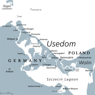 Usedom, Baltic Sea island in Pomerania, gray political map. Nicknamed Sun Island, sunniest and most populous Island of the Baltic Sea, divided between Germany and Poland. Popular tourist destination.